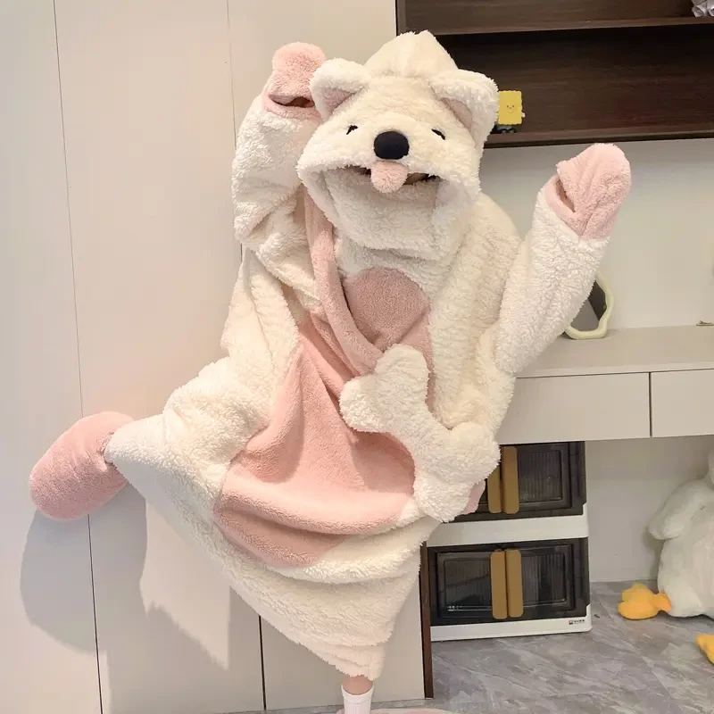 丸费辣专珊瑚绒睡衣女冬季加厚保暖卡通可爱北极熊睡袍连帽家居服