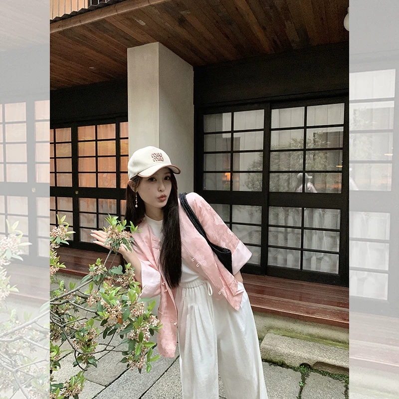 新中式美学 丝滑人丝暗纹提花 立体剪裁国风七分袖外套QW241054