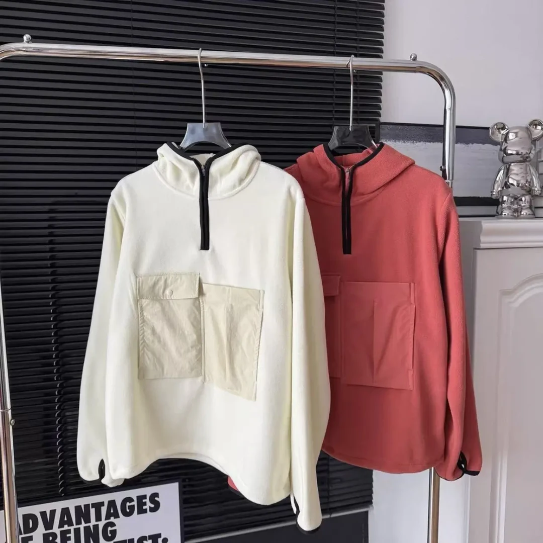 8846户外（摇粒绒）连帽半拉链冬季潮流加厚纯色带帽运动外套