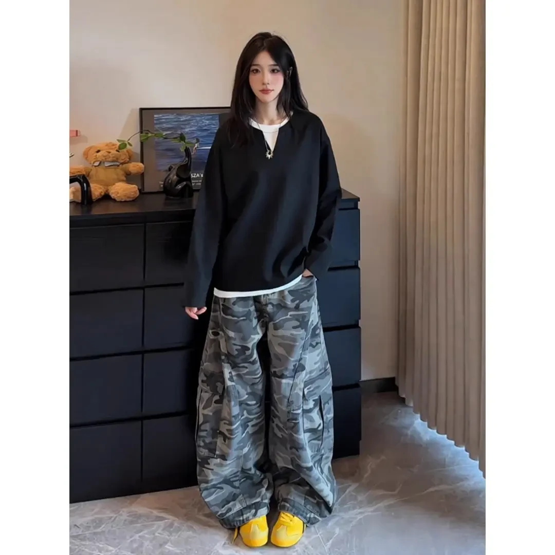 黑色假两件v领卫衣男女秋季美式慵懒松弛感长袖t恤正肩内搭打底衫