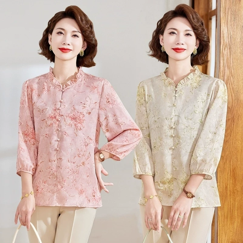 妈妈装春装新款时尚碎花衬衫中老年女装洋气高贵上衣2025年新款