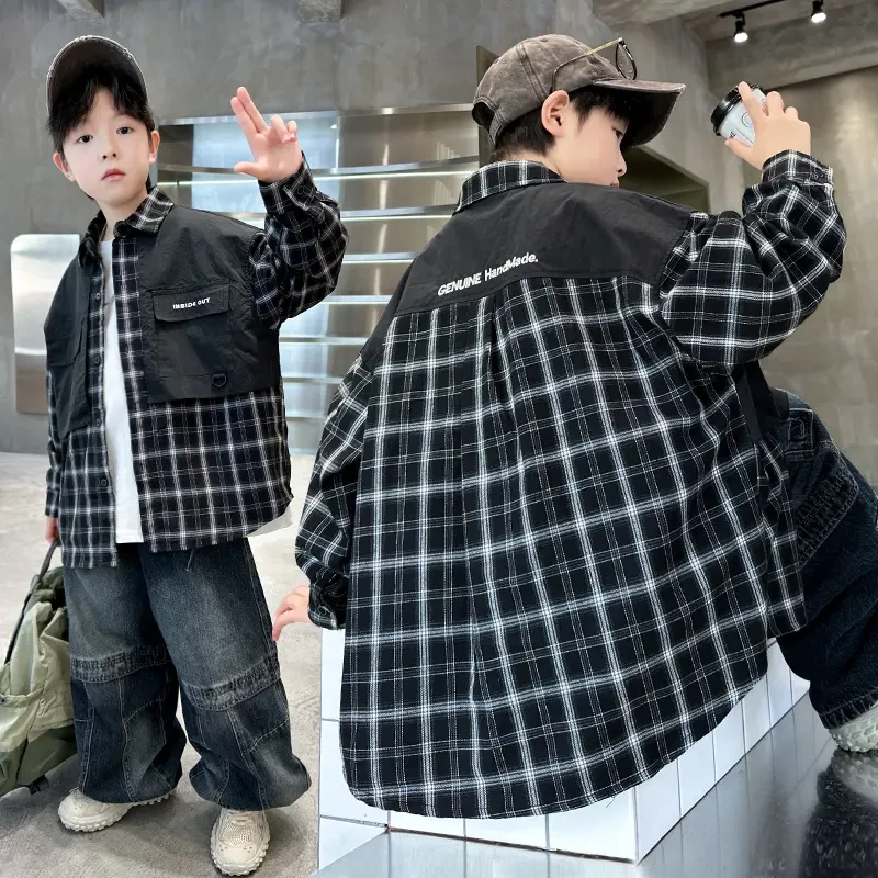 男童春秋款黑色格子衬衫2025新款中大童宽松时髦休闲外套男孩韩版