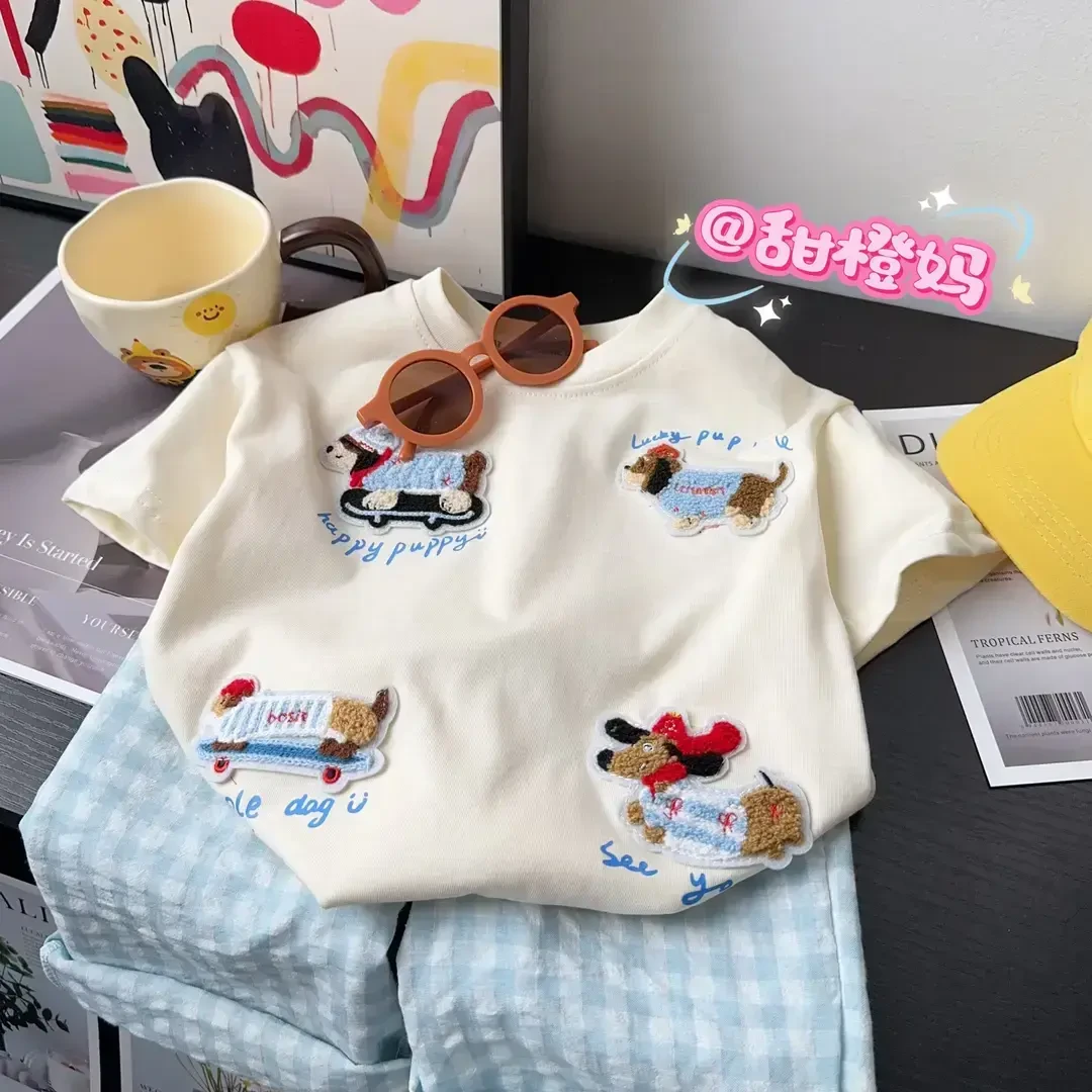 2025夏季新款儿童宽松韩版设计腊肠狗T恤爆款百搭短袖