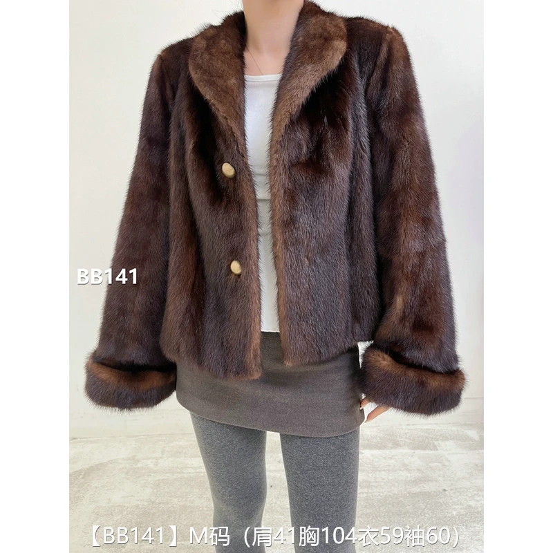 【BB141】M码 焦糖棕全抽超短款貂皮大衣皮草外套 立领挽袖