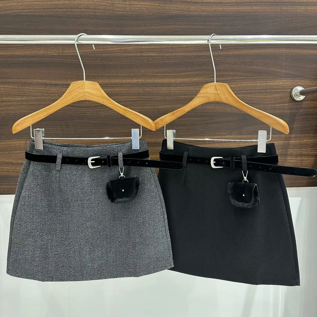 秋冬新款韩系简约高腰显瘦毛呢A字半身短裙女防走光通