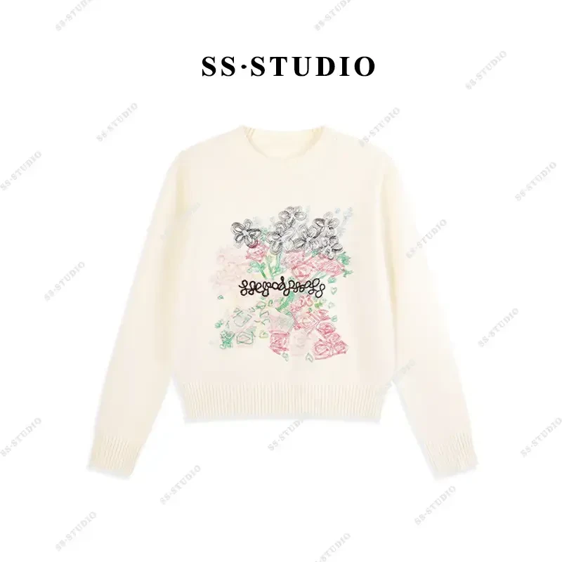 【SUSU】秋冬百搭甜美绣花时尚轻奢圆领套头针织毛衣SS-3078