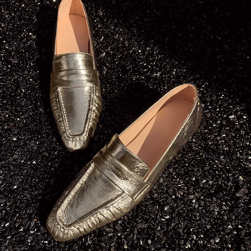 高档舒适百搭原创金色小皮鞋头层牛皮方头一脚蹬英伦乐福鞋女单鞋