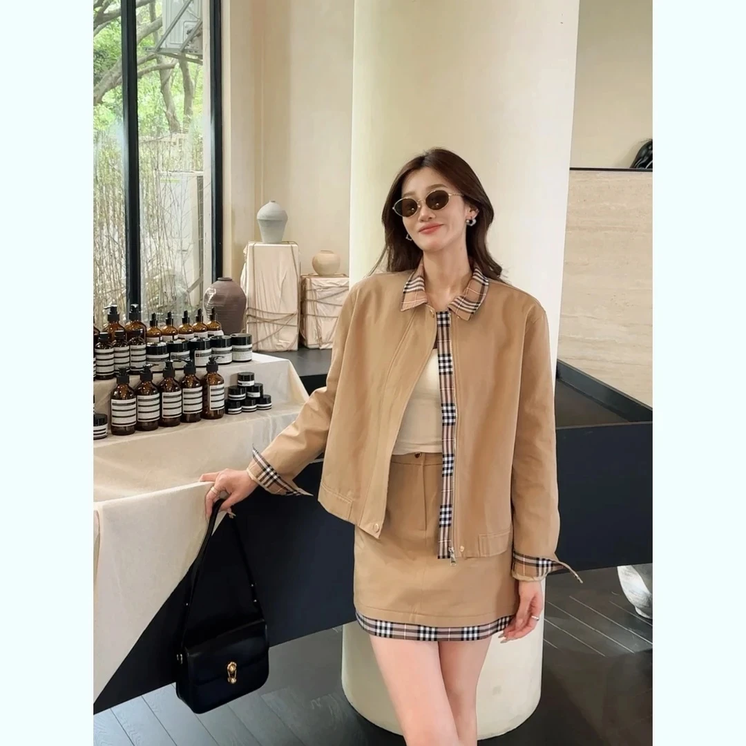 拼接格子套装女2025秋季长袖短款风衣外套短裙两件套