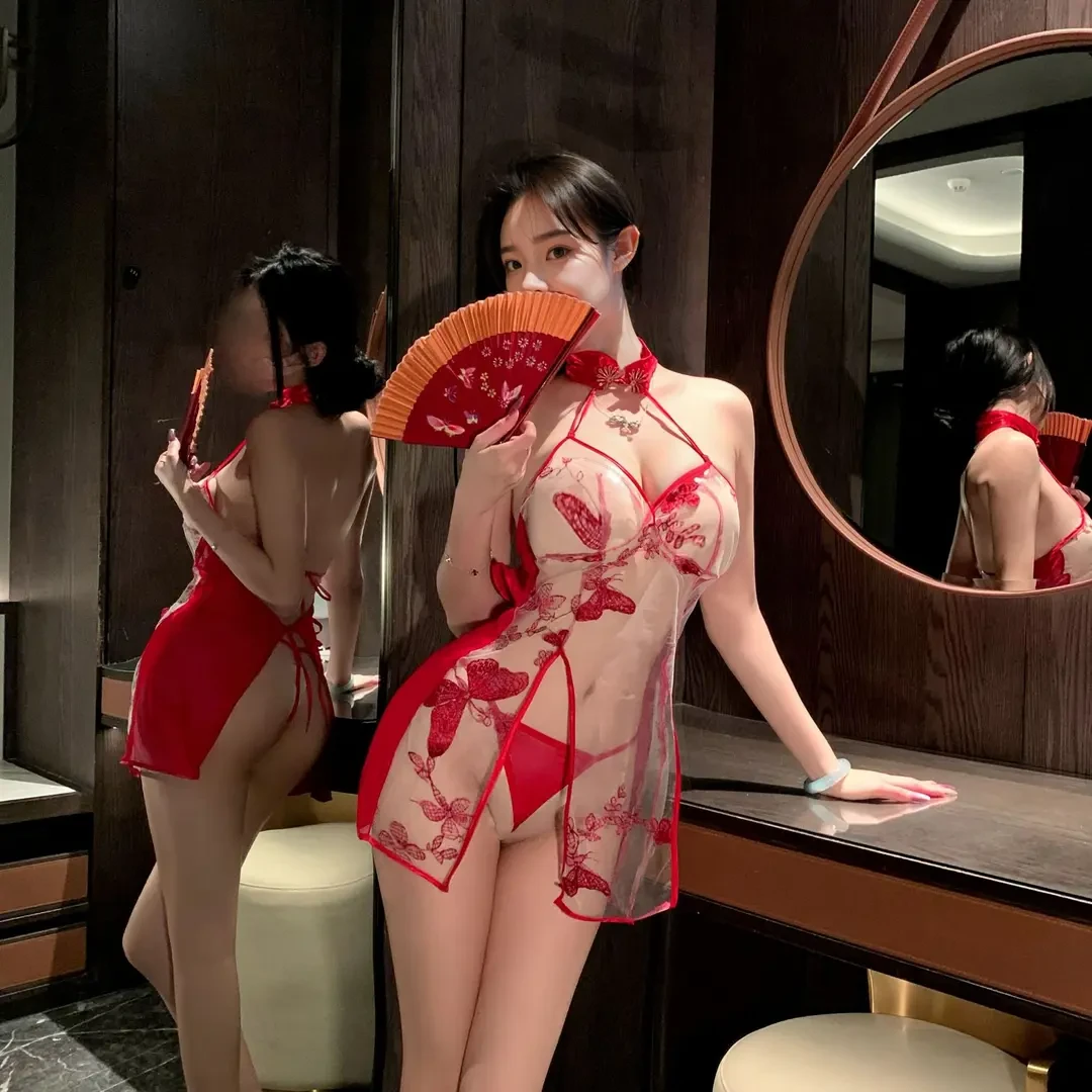 性感长款睡衣火辣旗袍蝴蝶刺绣制服纯欲小胸显大睡裙连体透视网纱