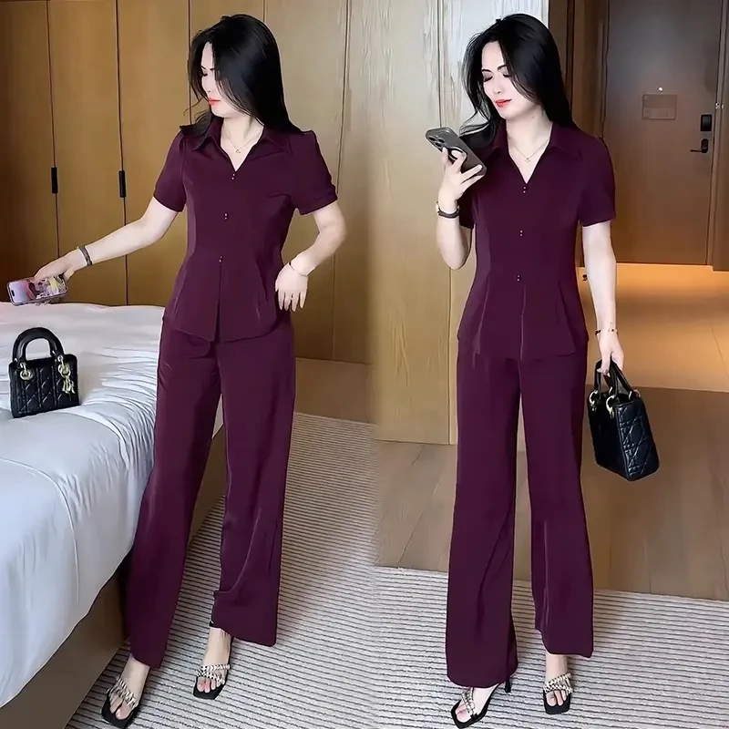 时尚套装女2025夏季新款洋气收腰显瘦POLO领短袖上衣阔腿裤两件套