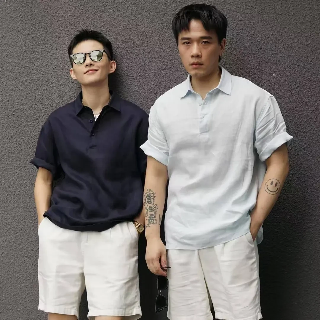 和一合集夏季松弛老钱风薄款透气100%亚麻高级感翻领套头短袖衬衫