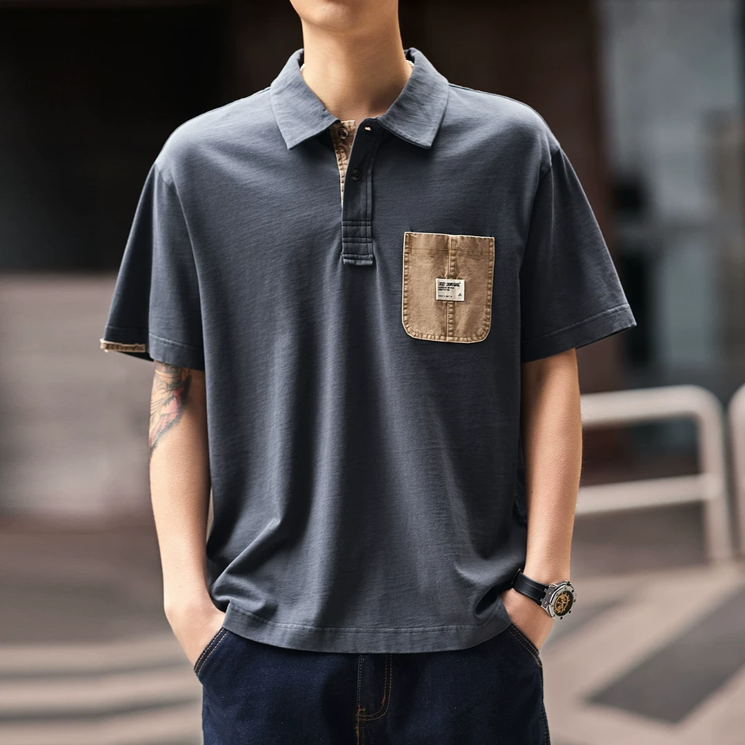 格蓝鹿美式复古男士短袖polo衫夏季宽松潮牌休闲撞色口袋翻领t恤