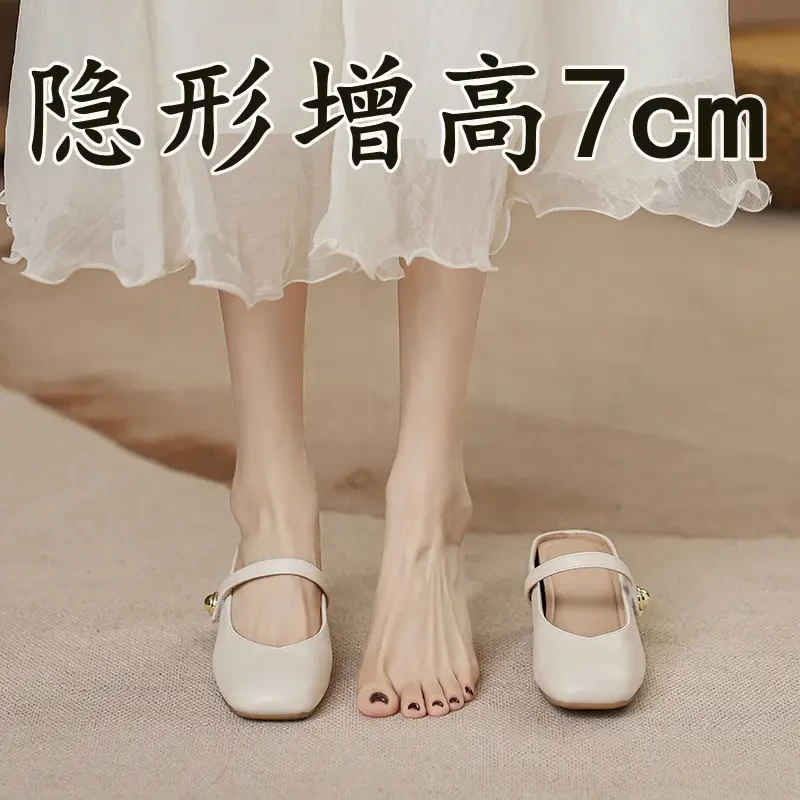 牛皮版~小个子包头半拖鞋女夏外穿一脚蹬懒人穆勒鞋内增高凉拖鞋