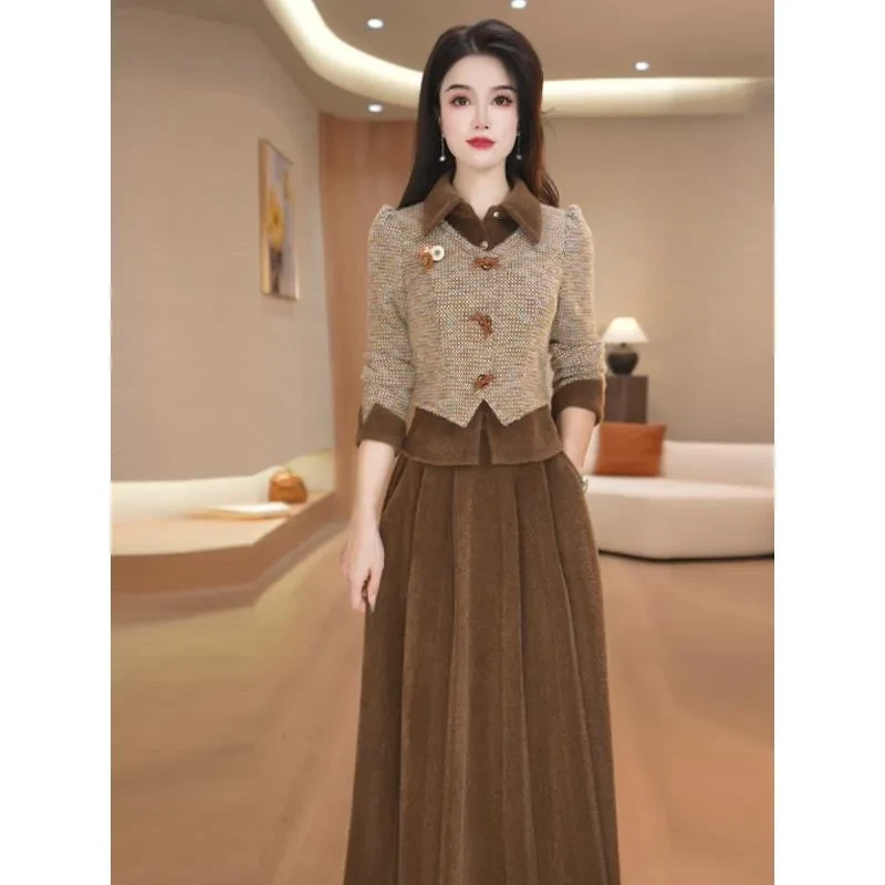 美瑞翻领拼接上衣套装裙女秋季2025新款减龄穿搭中长半身裙两件套