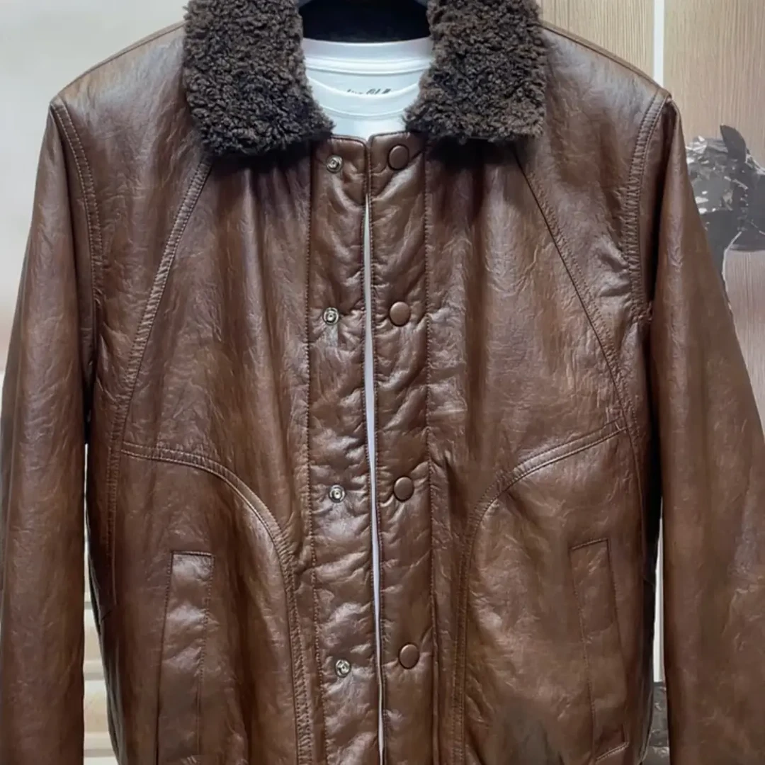 新款男士毛领翻领加绒加厚时尚潮流PU皮夹克外套秋冬款