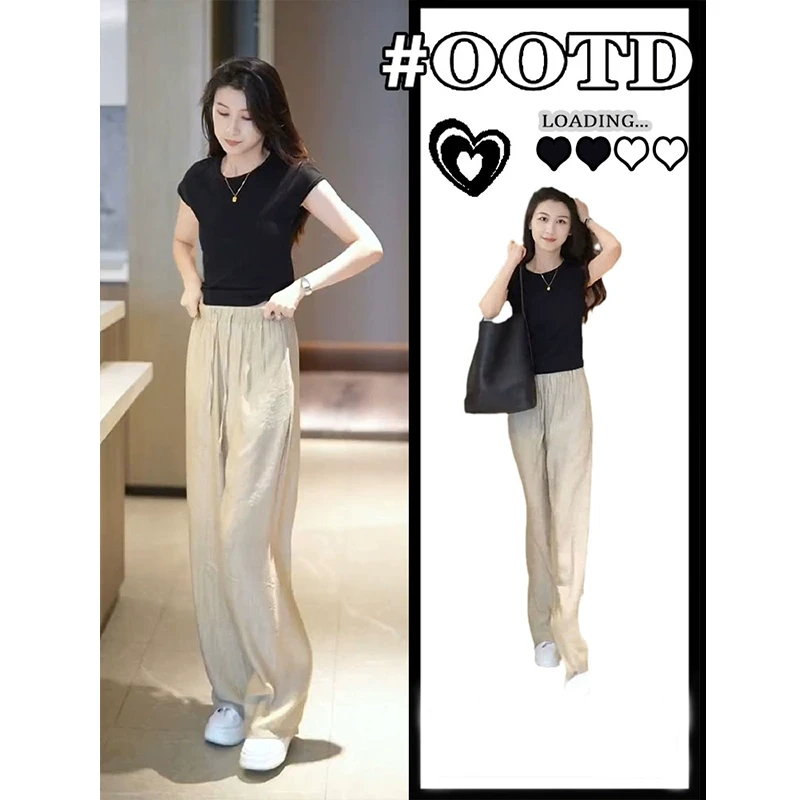冷淡风高级感冰丝阔腿裤套装女夏季2024新款小个子t恤穿搭一整套