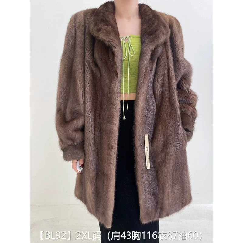 【BL92】2XL码 冷茶棕全抽中长款貂皮大衣皮草外套 翻领泡泡袖