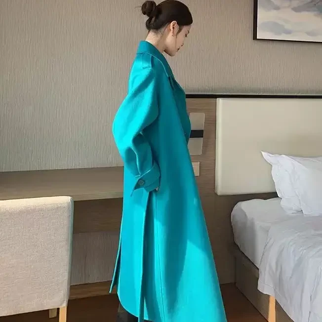 秋冬新款孔雀蓝双面羊绒大衣女中长款气质显瘦外套