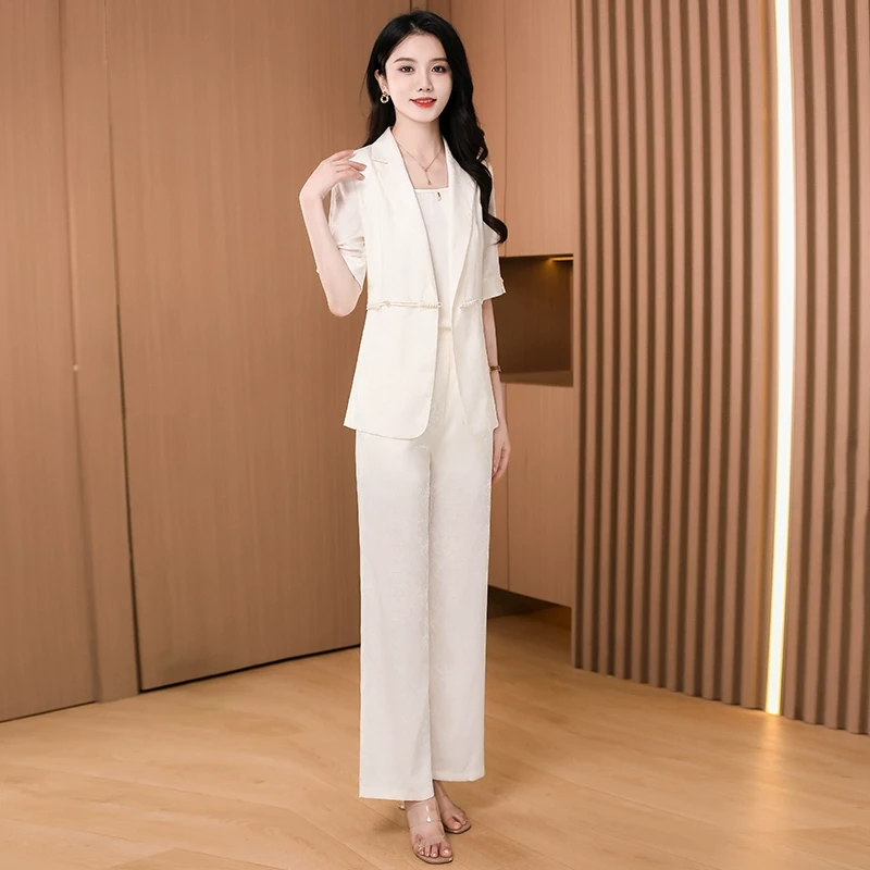 拉夏贝尔初夏流行超火中国风旗袍西装冰丝职业三件套装2025新款