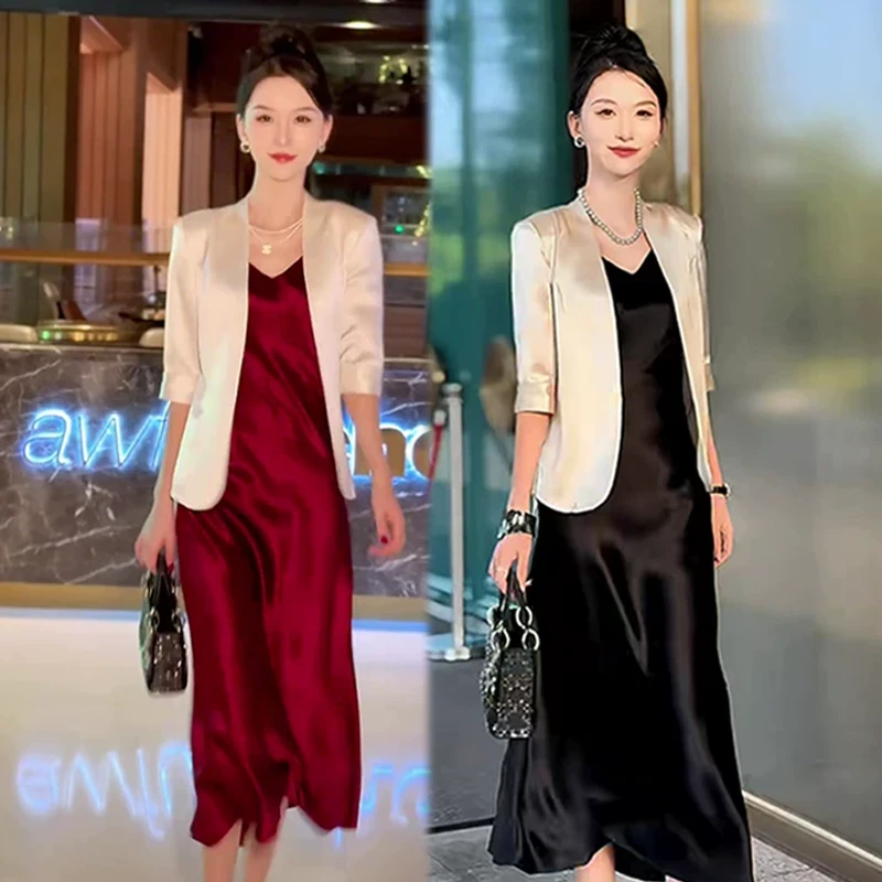 夏季气质优雅时尚高档奢华缎面两件套女秋季垂坠感连衣裙百搭西服