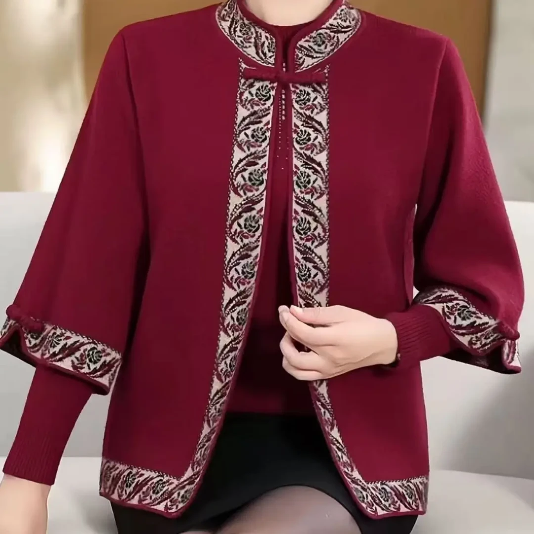 中老年女士秋冬加厚针织加绒两件套开衫外套