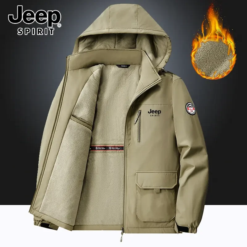 Jeep秋冬新款加绒加厚夹克防风防水保暖多口袋户外运动工装外套男