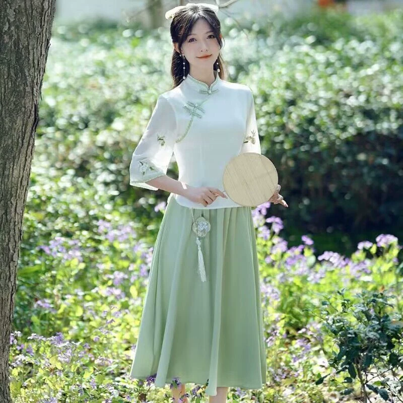 日常汉服新中式女装改良旗袍上衣复古国风年轻款禅意茶艺服两件套