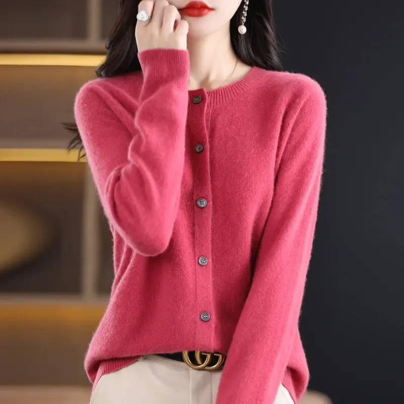 【桂花针开衫】一线成衣100纯羊毛开衫女圆领纯色宽松毛衣秋冬款