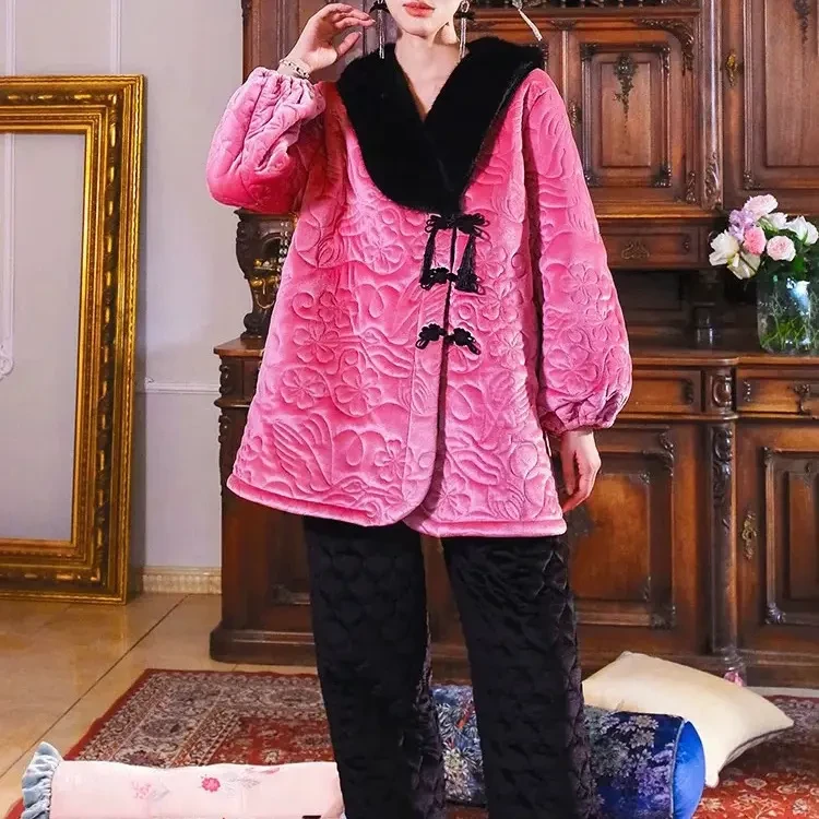 秋冬新款新中式满绣花鸟加厚夹棉睡衣女家居服