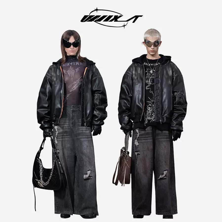 【沈腾同款】UNIX_T 2024冬季新款潮酷连帽男女同款皮衣C4D326007