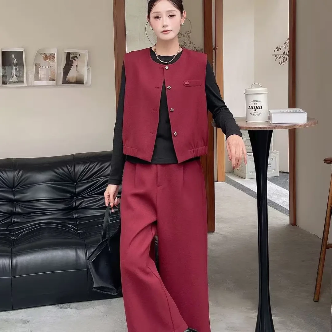 秋季时尚气质圆领马甲阔腿裤职场套装
