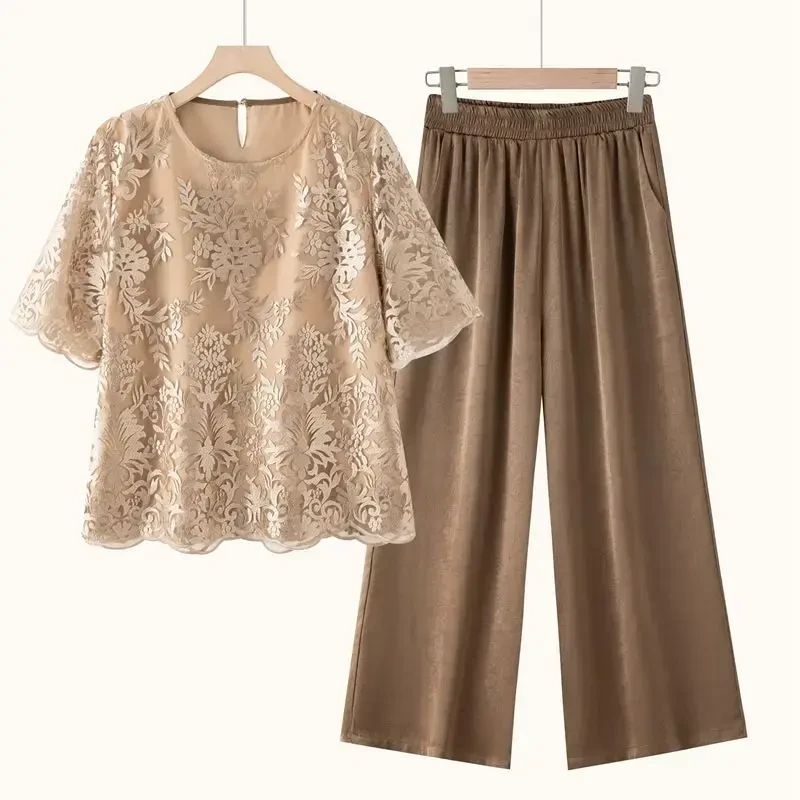夏季妈妈装蕾丝小衫套装洋气宽松中年女装夏装新款小衫两件套气质
