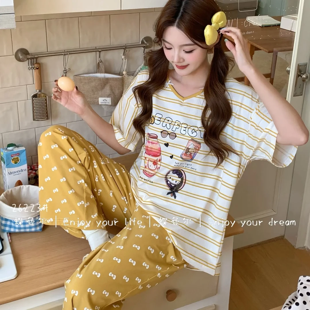 【简家精选】2026春夏半袖长裤棉质睡衣家居服女可爱宽松套装