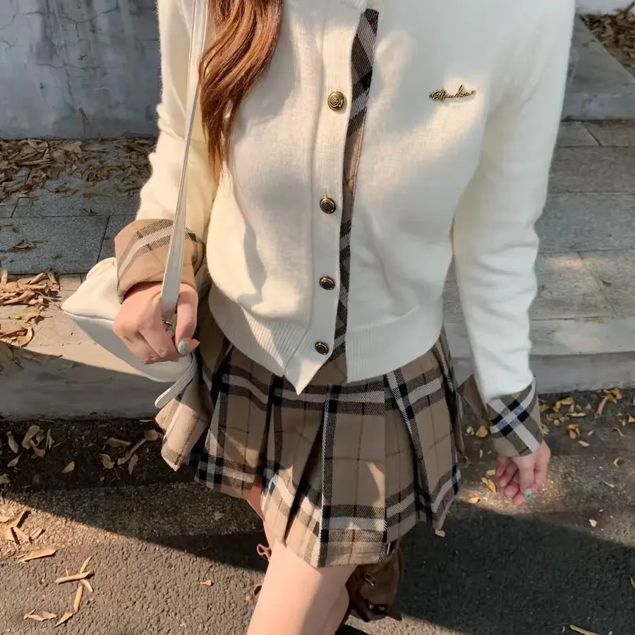 秋冬韩系学院风拼接格子长袖针织开衫女显瘦百搭上衣