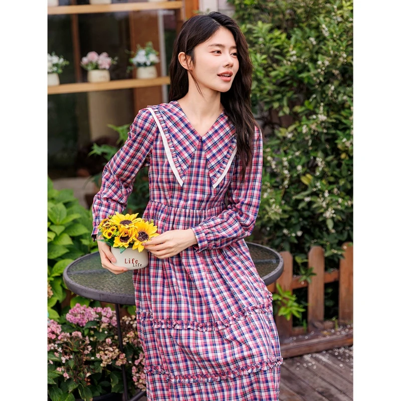 【Fy】纯棉格纹学院风显瘦长袖连衣裙2025春新款专柜撤柜品牌女装