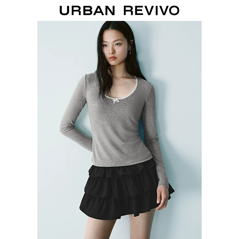 UR2025秋季新款女装轻芭蕾风撞色蝴蝶结长袖T恤UYY450011