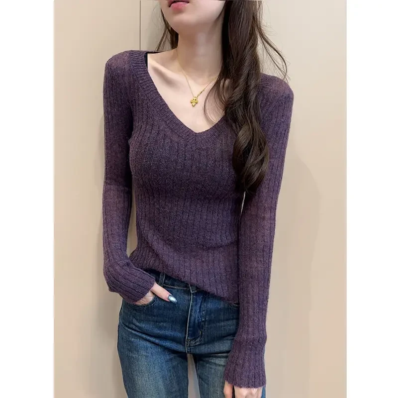 欧货秋冬修身显瘦打底针织衫女宽边V领马海毛2025漂亮时髦上衣女