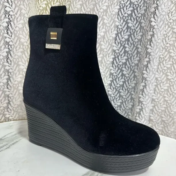 坡跟磨砂短靴高跟2025厚底秋冬粗跟跟鞋防水森女女