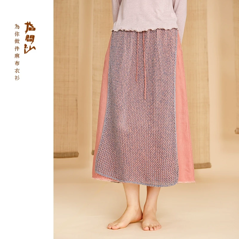 指间沙2514049原创女25春中式全松紧高腰镂空针织拼接飞片小A半裙