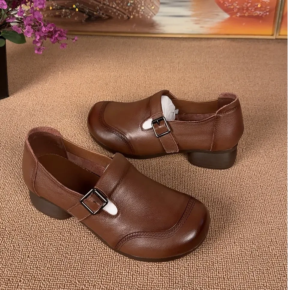 低跟胶粘魔术贴单鞋中老年舒适女鞋软面复古春季软底真皮单鞋