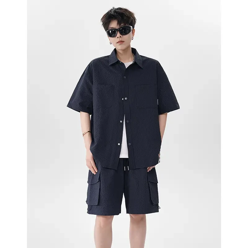 ML夏季新款短袖衬衫套装男女款休闲运动百搭时尚衬衣短裤两件套