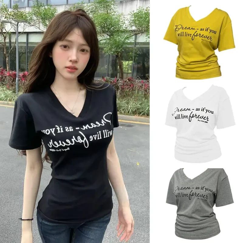 洋气字母短袖T恤女2025新款显瘦遮肉辣妹V领夏季百搭漂亮韩版上衣