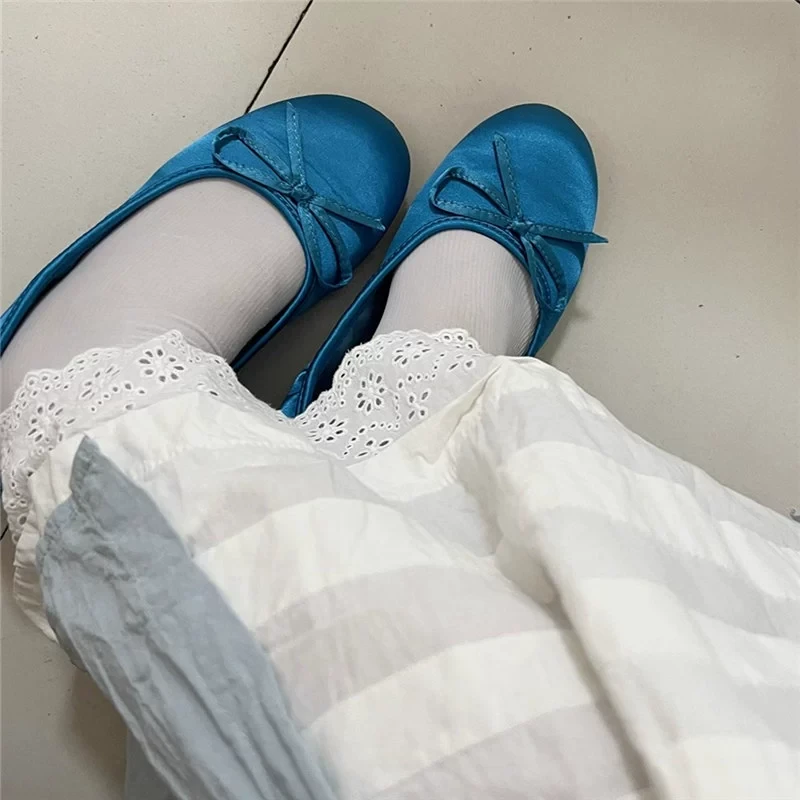 2025春季新款法式蝴蝶结芭蕾舞鞋蓝色玛丽珍鞋平底软底单鞋女鞋子