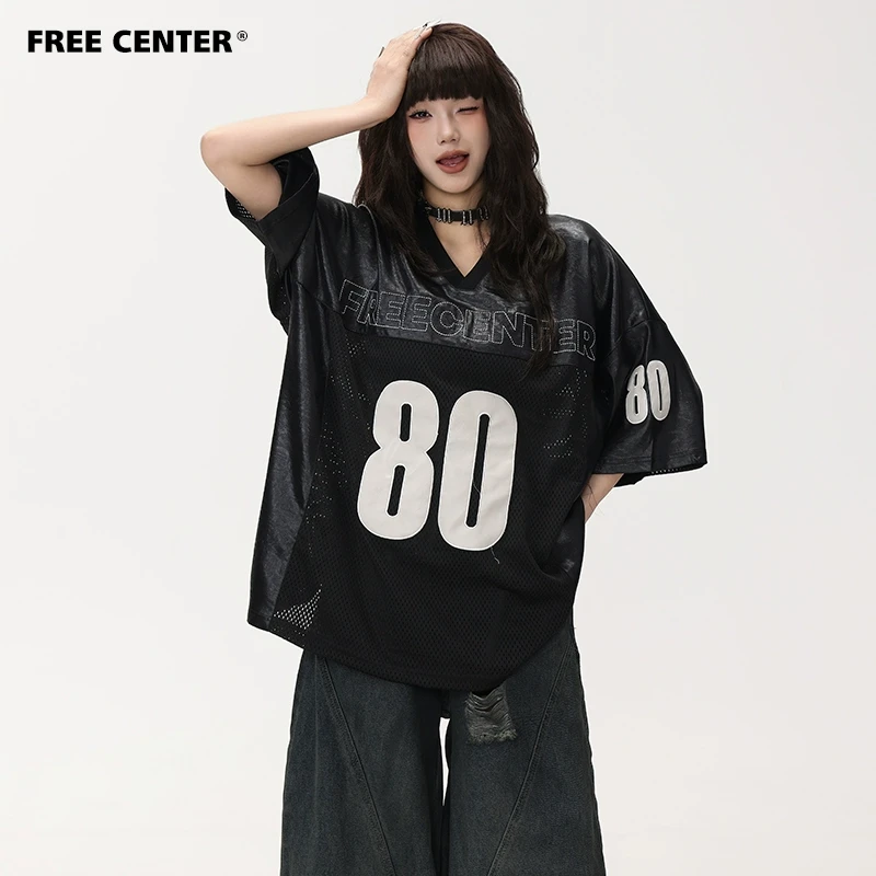 Free Center 仿皮质肌理感美式V领球衣男女同款宽松运动短袖T恤