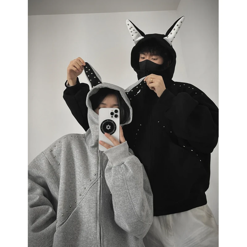 早秋新款500g重磅铆钉拼接杜宾犬连帽卫衣秋季开衫拉链情侣外套潮