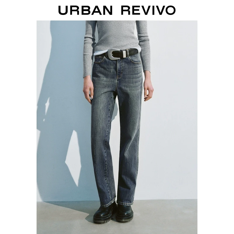 UR2025春季新款女欧若风金属腰带后开衩牛仔长裤UWH850010