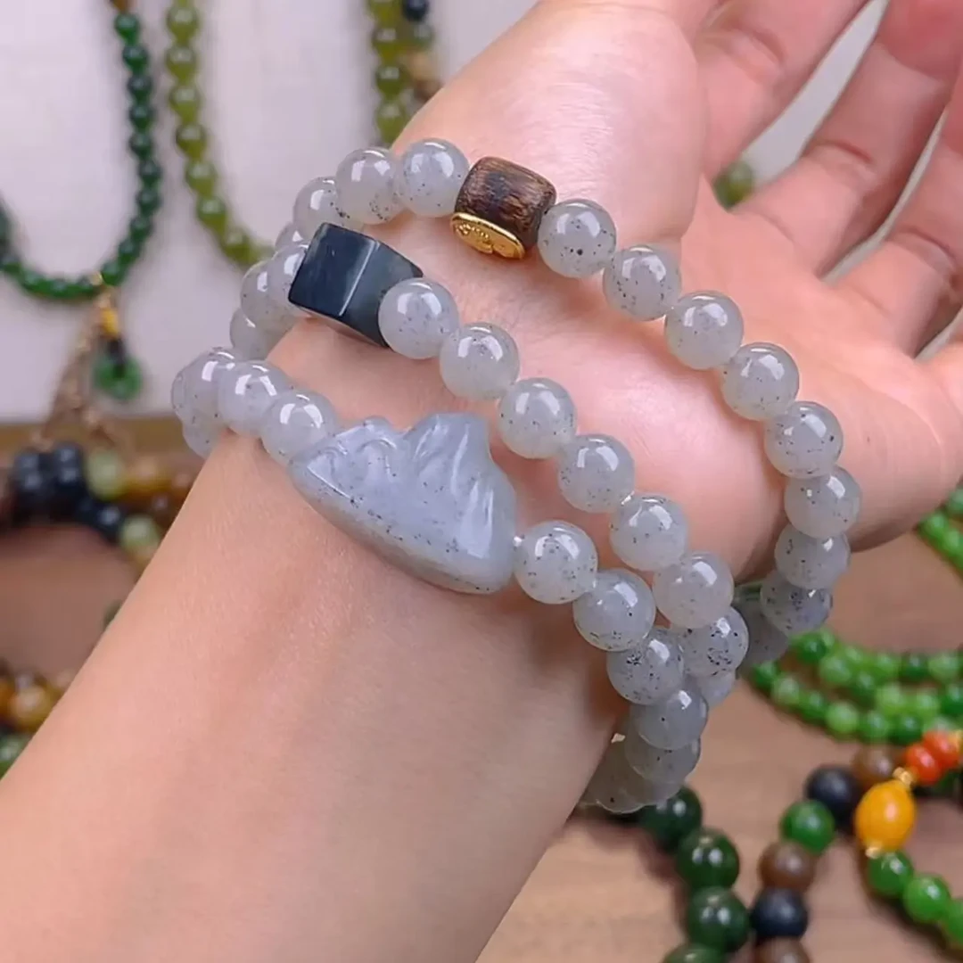 和田玉点墨三圈手串