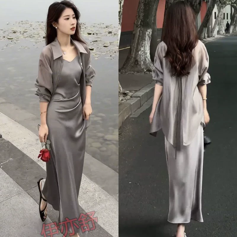 轻熟风连衣裙套装女夏季新款收腰显瘦吊带裙防晒衫衬衣洋气两件套