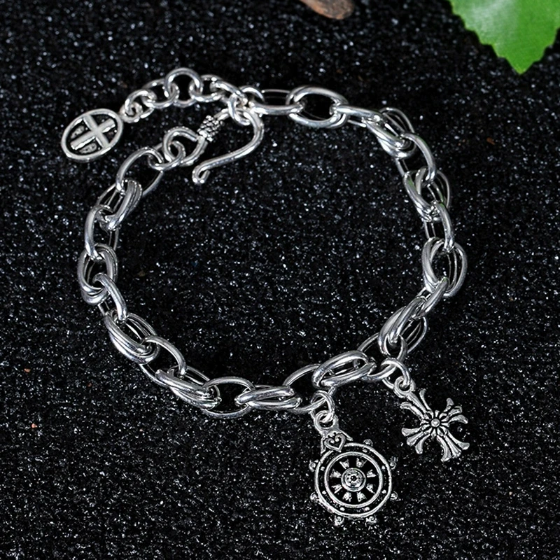 925银手链 925纯银男女手链潮圆环十字复古轮盘韩版时尚百搭手环