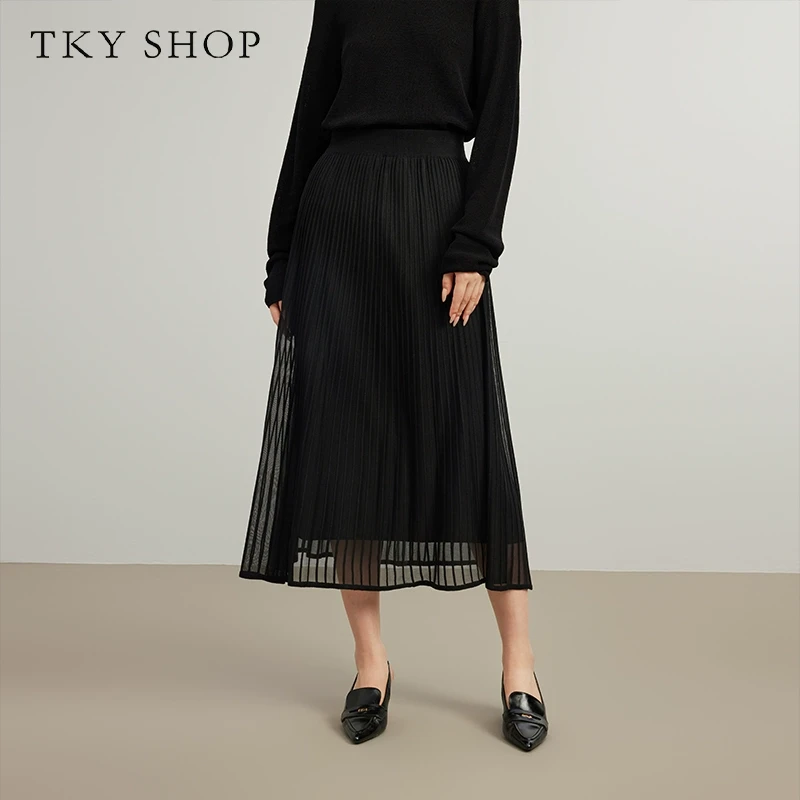 TKYSHOP中长款黑色网纱裙高腰显瘦优雅气质A型半身裙10G1GH07Q048